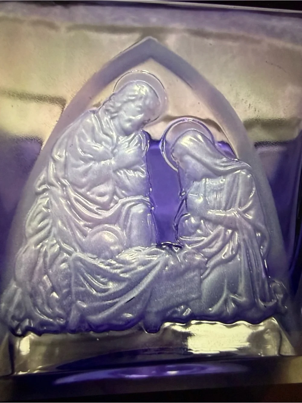 Source Unknown Purple and Pink Religious Glass Nativity Vase